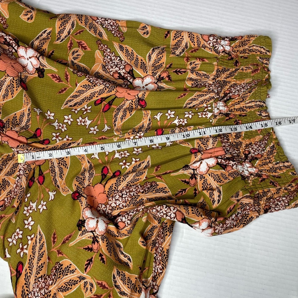 Women's Wide Leg Palazzo Flowy Pants Boho Size L Olive Green Floral Tropical - Picture 11 of 14